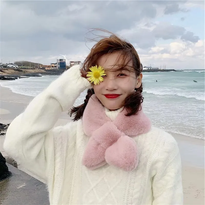 Fake Rabbit Fur Collar Scarf Women Keep Warm Thickening Fur Sjaal Colorful Cross Winter Scarf Autumn Winter Fake Fur Plush Elega image 3