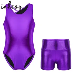 Kids Girls Sleeveless Metallic Shiny Ballet Dance Costumes Open Back Gymnastics Leotard Bodysuit and Shorts Set