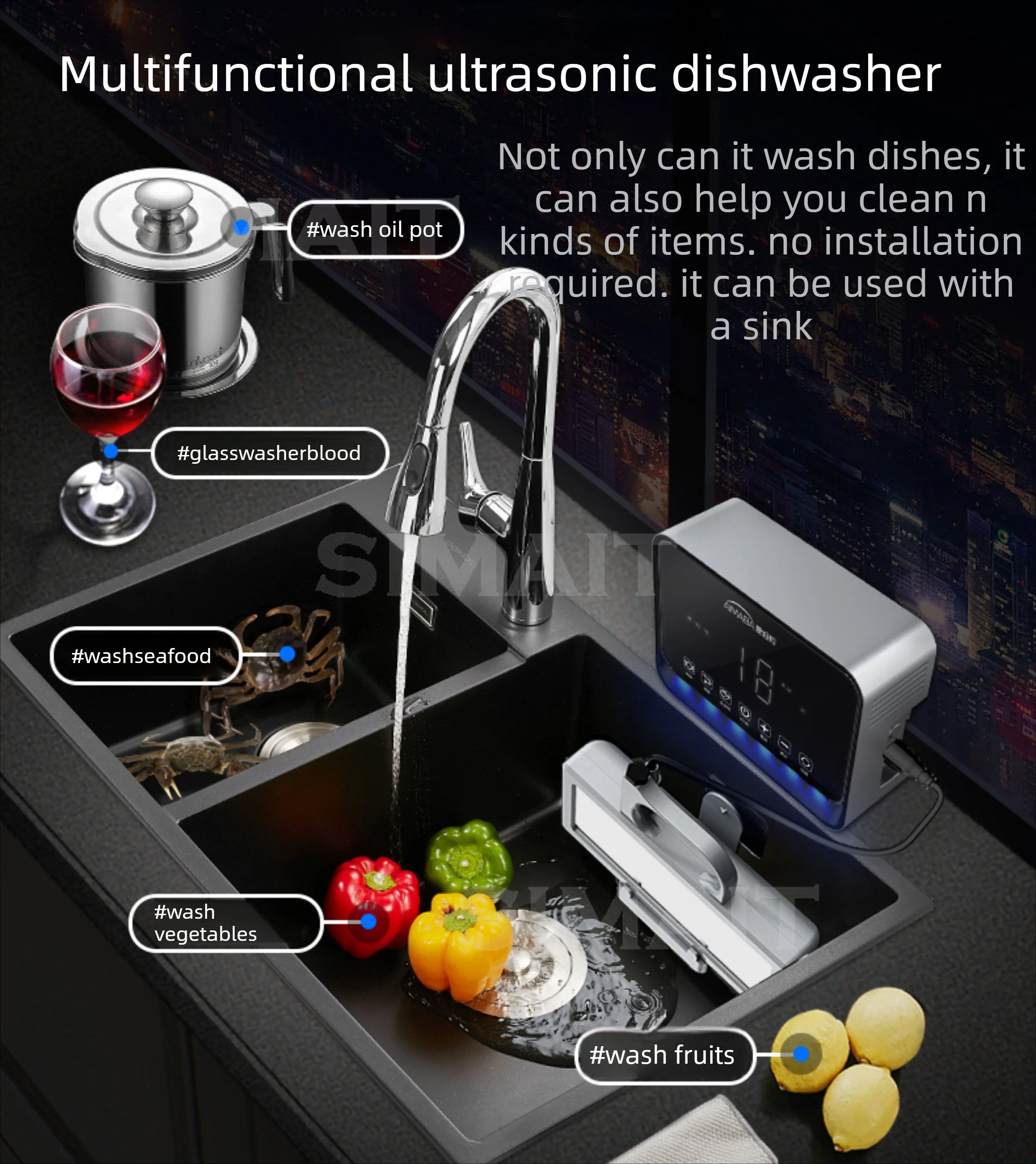 Portable Ultrasonic Dishwasher, 110V/220V Countertop Sink Cleaner, No Installation Free-Standing for Kitchen, A5