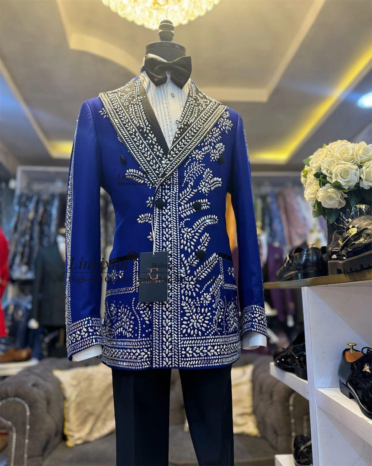 

Блестящие свадебные костюмы с кристаллами для мужчин, комплект из 2 предметов, смокинг для жениха, индивидуальный пошив, двубортный приталенный пиджак, Ropa Hombre