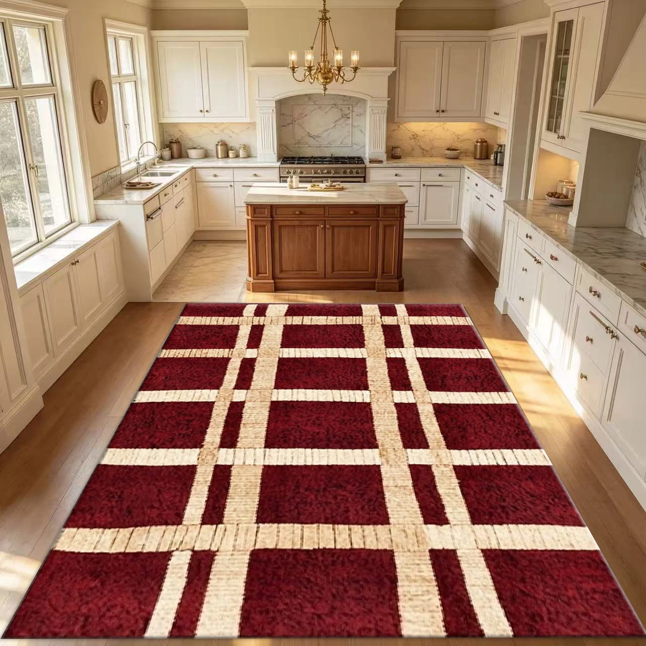 Retro Plaid Checkered Area Rug Burgundy Cream Grid Pattern Carpet for Living Room Bedroom Indoor Home Floor Decor