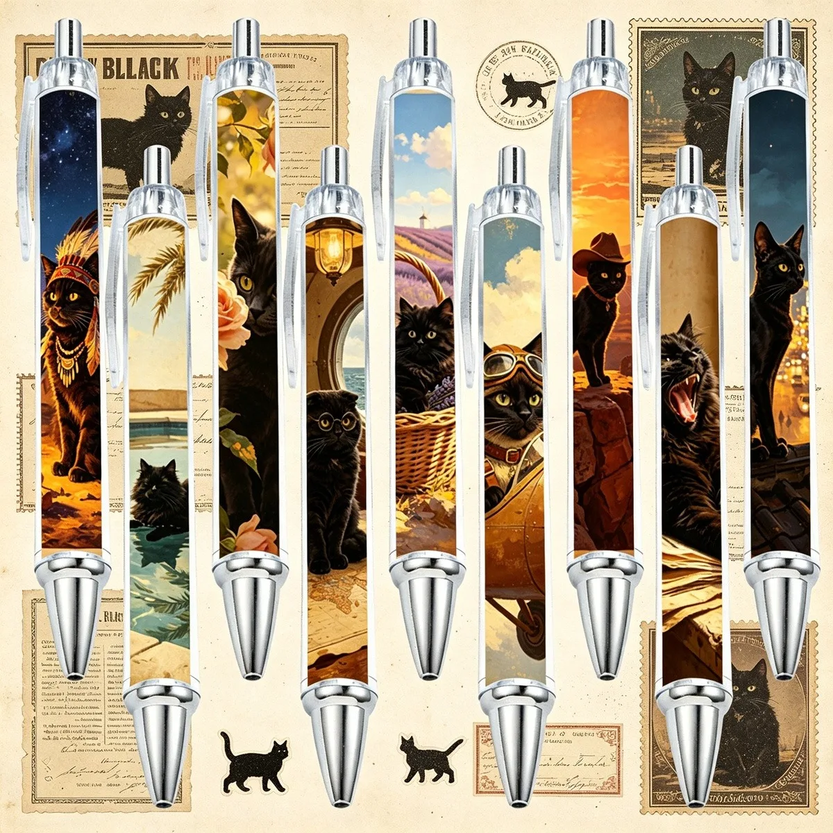 9-17-canetas-rollerball-estilo-pintura-a-Oleo-gato-preto-retro-padroes-de-formato-aleatorio