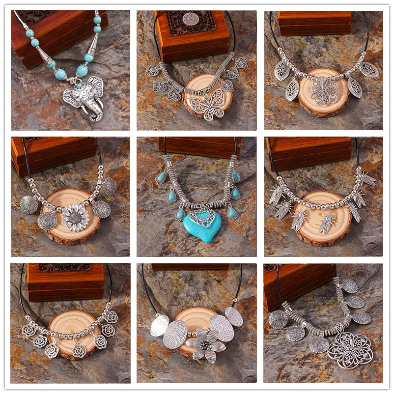 

Aihua Bohemia Vintage Turquoise Stone Necklace for Women Choker Collier Ethnic Tibetan Necklaces Big Statement Jewelry