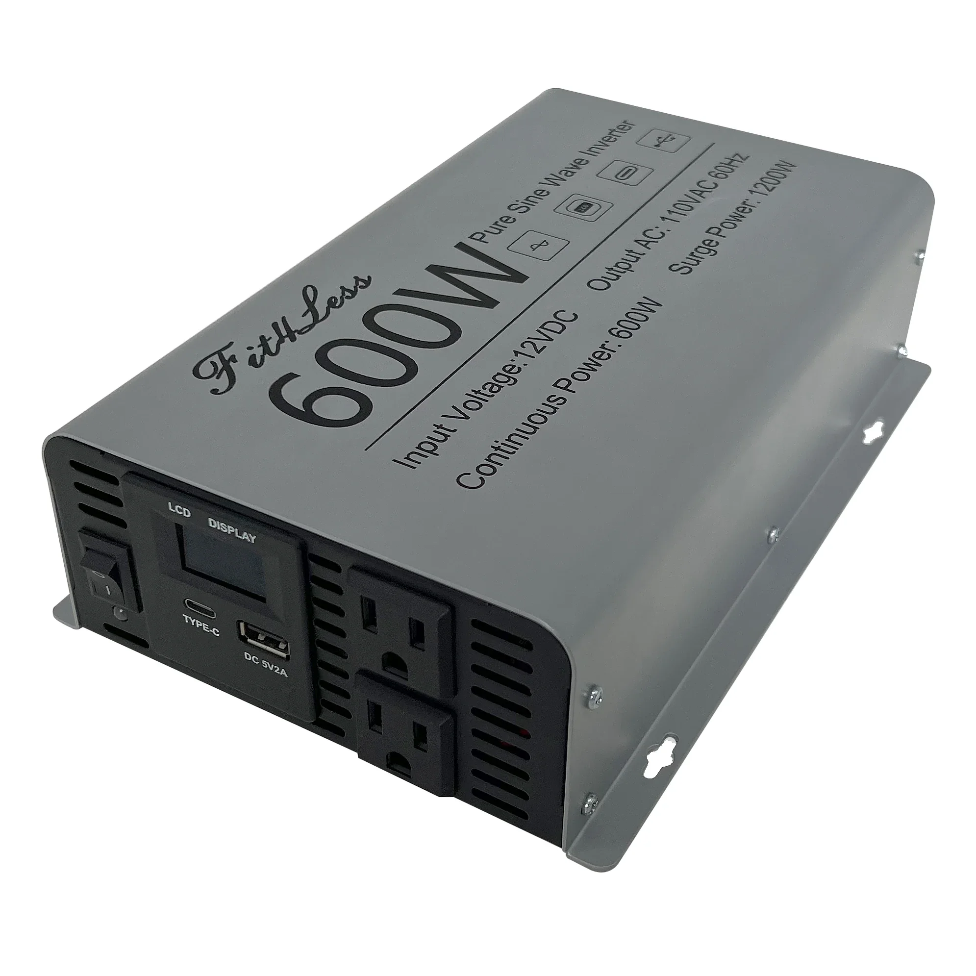 Fit4Less DC 12V  to AC 110V 60Hz with LCD Display dual sockets Type C and USB output 600W Pure Sine Wave inverter