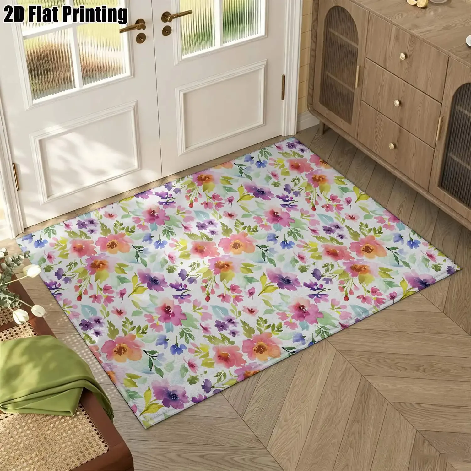 1Pc 2D Printed Fresh Pink Purple Flower Nordic/Bohemian Modern Minimalist Carpet, Machine Washable Multi-Size Floor Mat for Home