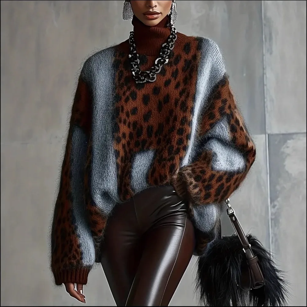 Lazy Style Leopard Print Knit Sweater for Women in Autumn and Winter, Thick Outerwear,trendy Loose Retro Patchwork Top for Women 3