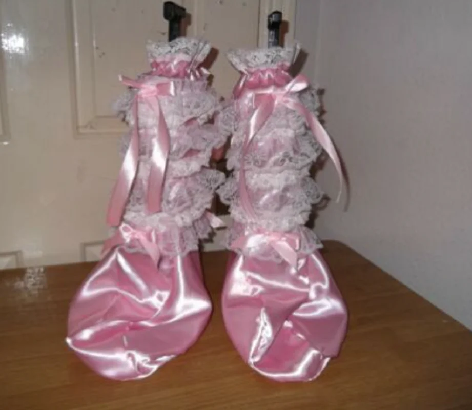 

Adult Babys Sissy Maids Unisex CD/TV Satin & Lace Humiliation Booties Customized