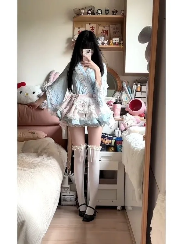 

Summer New Sweet Cute Japanese Sle Print Seven Sve Top with Knot Strap Dr Two Piece Set Women's Faion