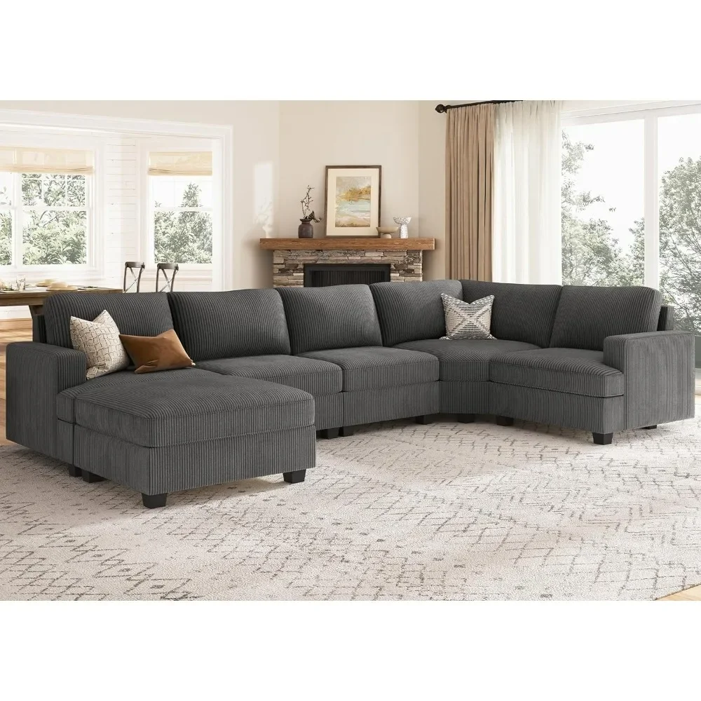 Sectional Sofa with Storage Ottoman, U Shape Sectional Couch with Chaise, Corduroy Modular Sectional Couch for Living Room