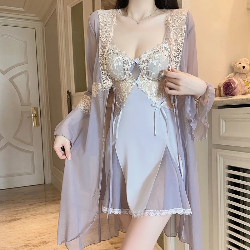 

Flower Embroidery Robe Set Sexy Adult Lingеrie Night Dress Woman Lencerias Nightgowns Nuisette Sexy De Nuit Sleepwear Woman