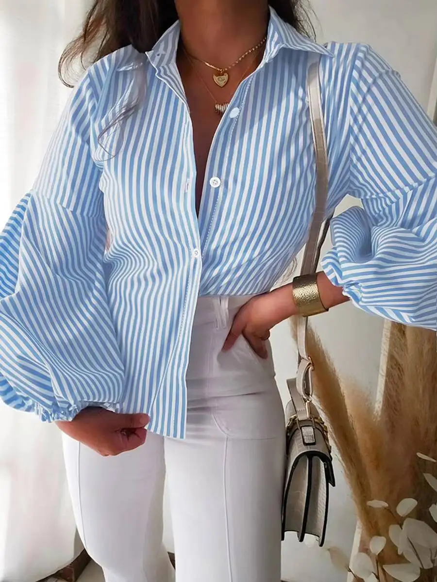 

Женская полосатая блузка с рукавами-фонариками из смесового хлопка, стандартный крой, минималистичный дизайн, весенне-летняя шикарная блузка, легкий повседневный топ