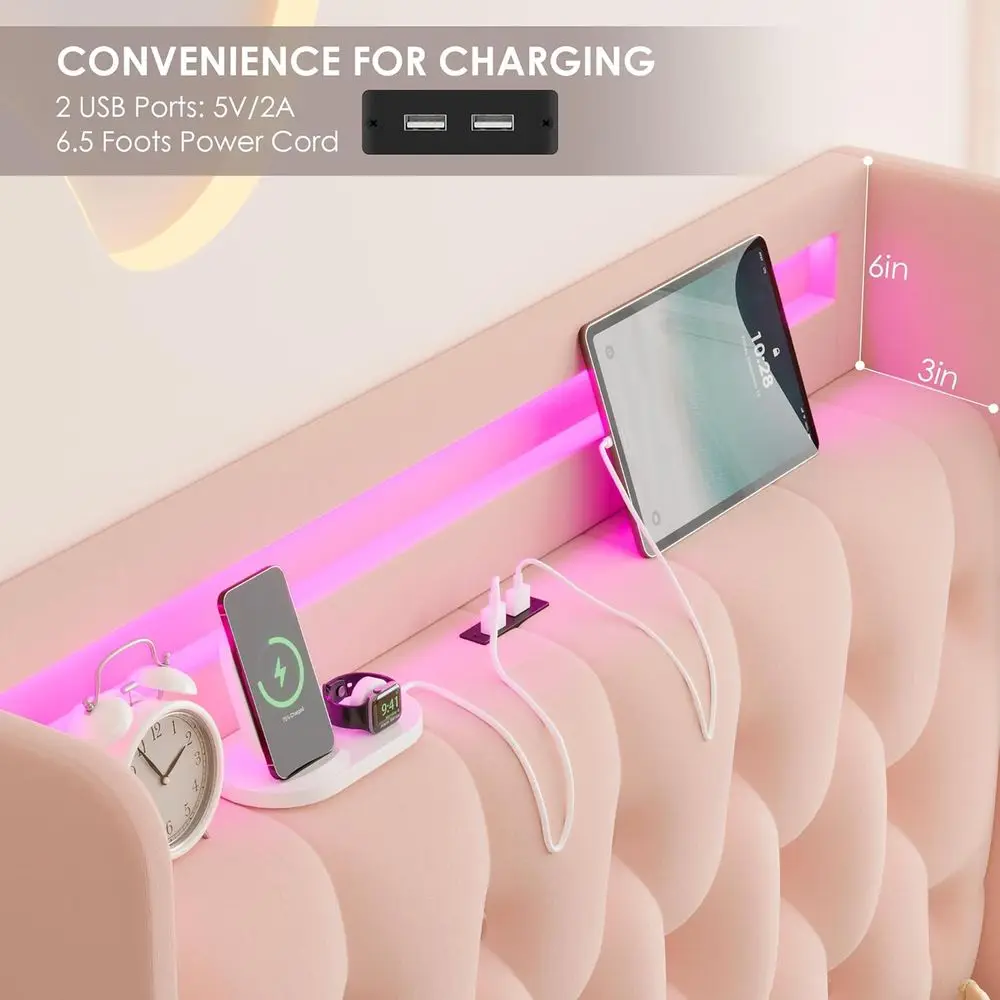 Estrutura de cama LED tufada com botão de cristal de veludo de tamanho duplo com estação de carregamento e 4 gavetas de armazenamento, cama plataforma rosa para crianças/meninas