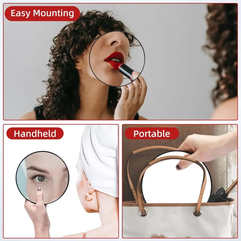 

Makeup Mirror, with 3 Suction Cups, 6'' Stick on with 10X Magnification, Magnified Portable, Tweezers Set, Handheld Mirror