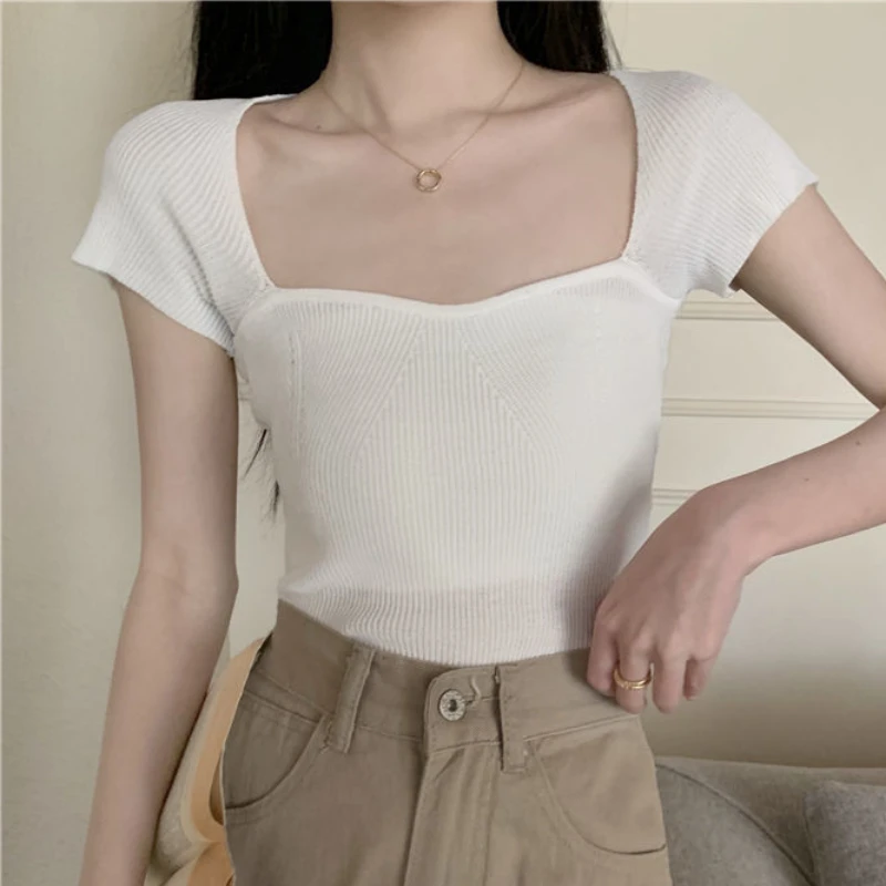 T-shirt a maniche corte donna Vintage Gentle Square Collar Cropped Tops Summer Slim Young Fashion Sexy All-match maglieria elegante