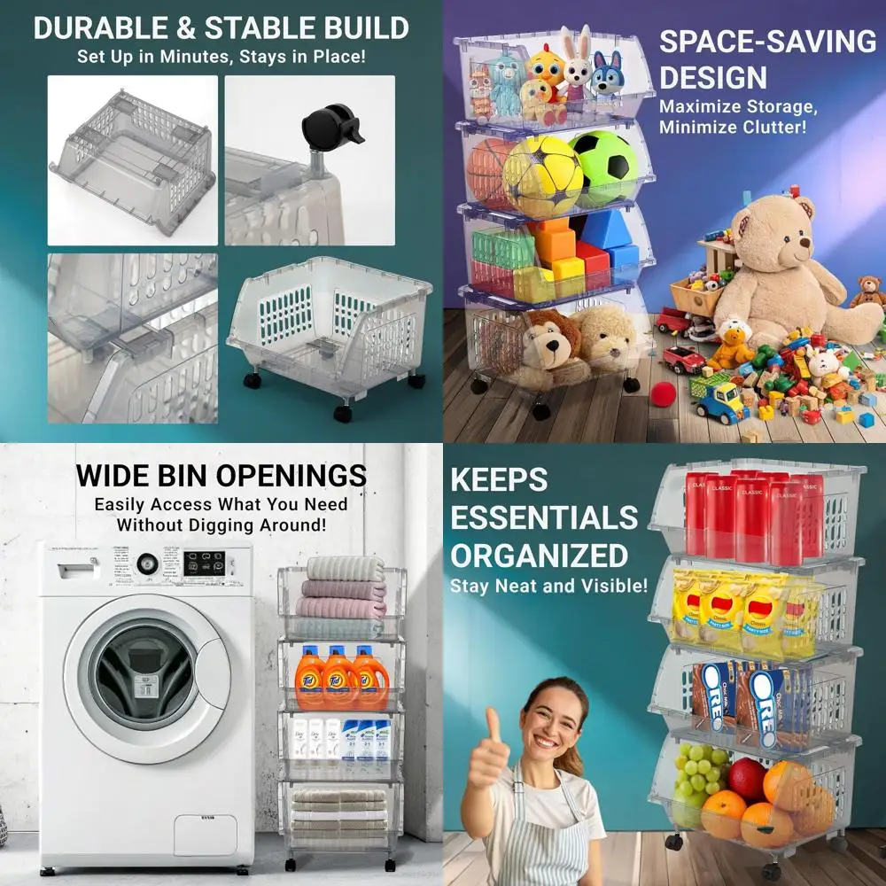 

Большие штабелируемые контейнеры из 4 предметов, открытая передняя часть, идеально подходят для хранения игрушек, кладовой, кухни и ванной комнаты светло-серого цвета.