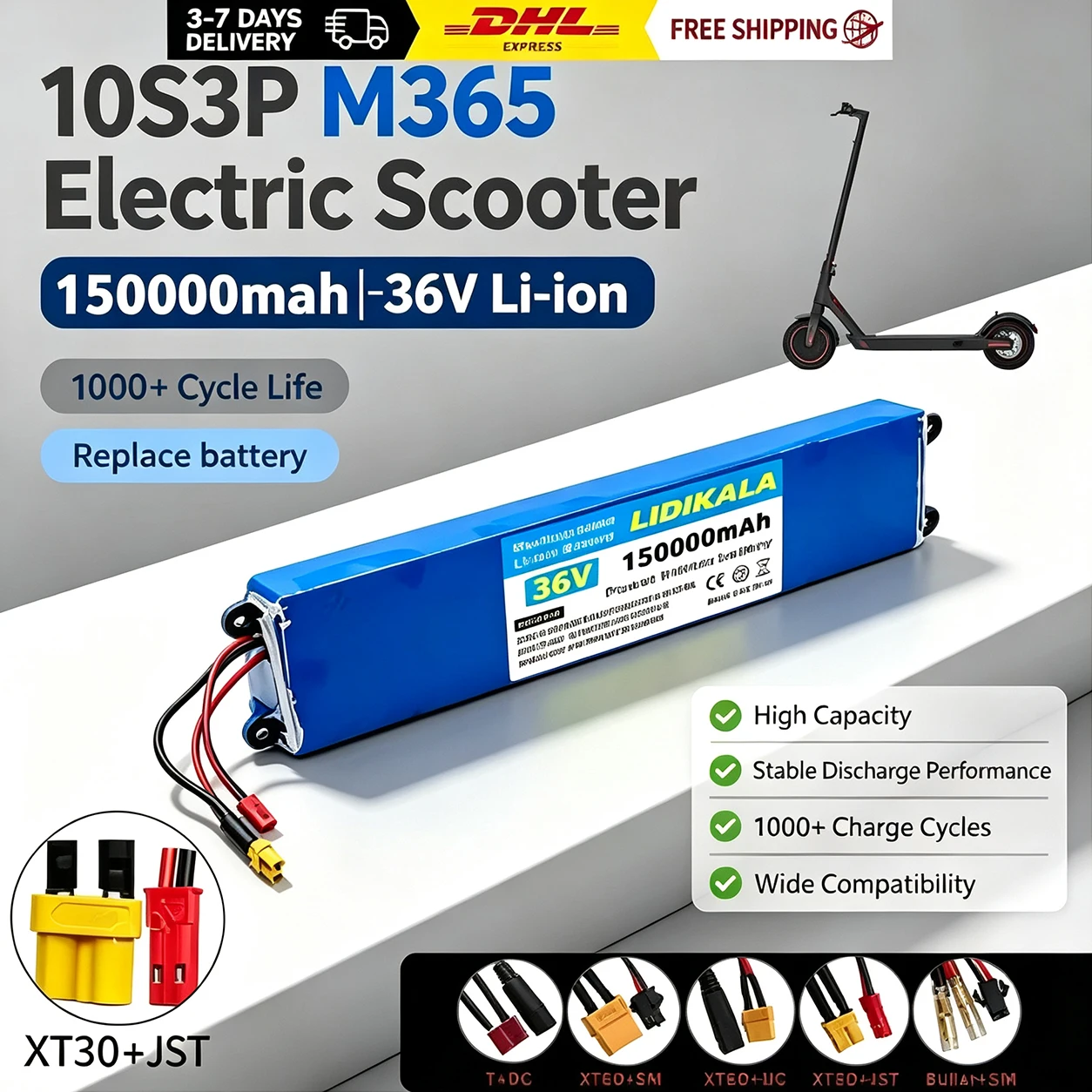 Batteria agli ioni di litio 36V 150000mAh 10S3P - Batteria ricaricabile per scooter elettrico con BMS integrato