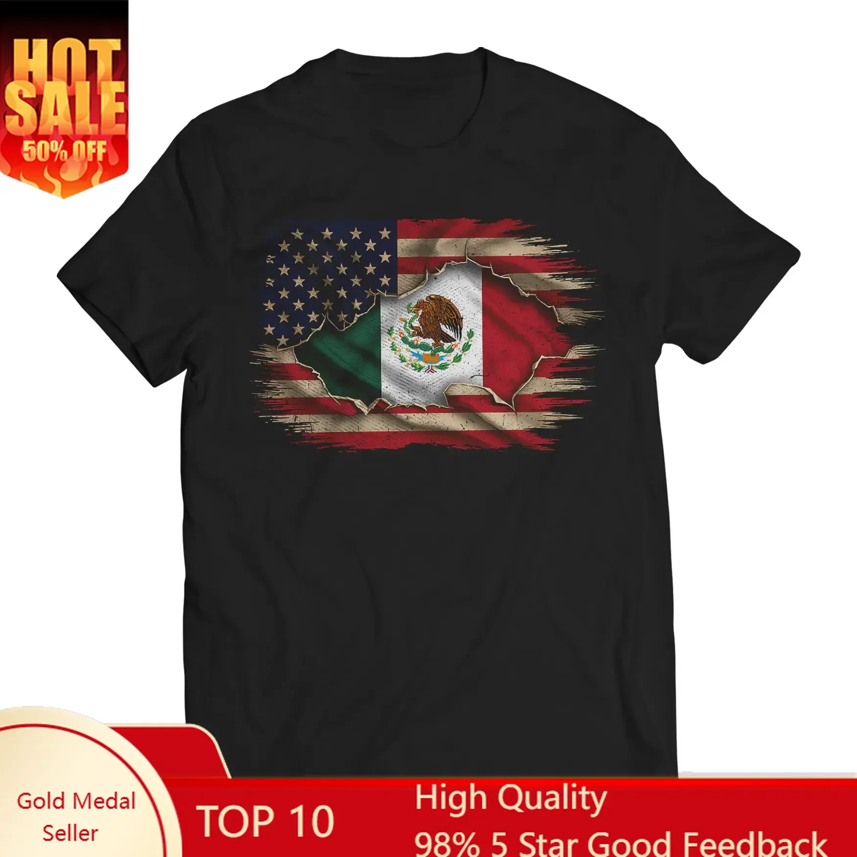 Mexican American Flag Mexican Roots Chicano Pride T-Shirt - 100% Ring-spun Combed Cotton Crew Neck with Classic Fit, Casual Styl