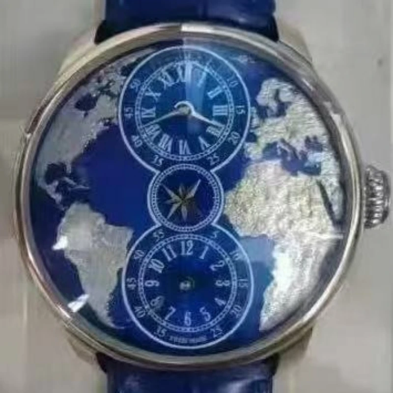 أحدث ساعة اليد الميكانيكية للرجال ذات المنطقة الزمنية المزدوجة، ساعة خريطة العالم، شحن مجاني مقاوم للماء
