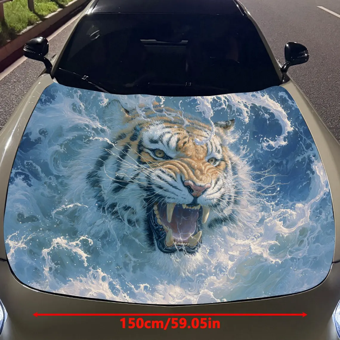 Car Decals Tigers with Bold Stripes, Roaring Expressions, and a Blue Ocean Wave - Themed Backdrop Car Hood Sticker, Waterproof S