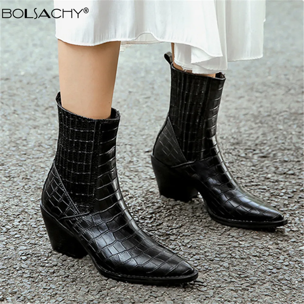 Botines de Moda para Mujer con Punta Fina de Cuero PU Grabado, Estilo Vaquero Occidental, Botas de Cuña para Dama, Zapatos de Mujer