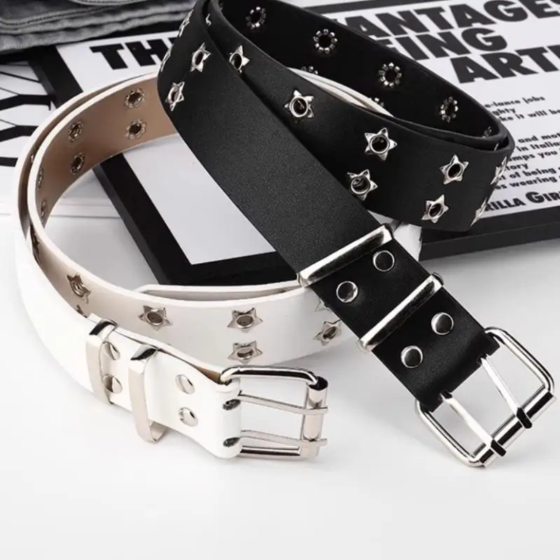1 Stück schwarzer Kunstledergürtel mit silbernen Sternnieten und Doppelstiftschnalle für Punk-Streetwear, lässige Alltagskleidung – Detail 7
