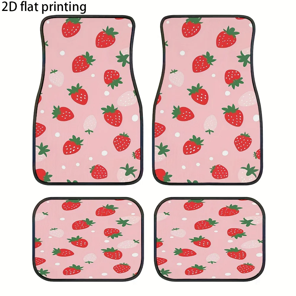 2D Flat Pink Background Strawberry Car Floor Mats, Fresh Sweet Fruit Print, Polka Dot Background, Complete 4pcs Set, Vitality Gi