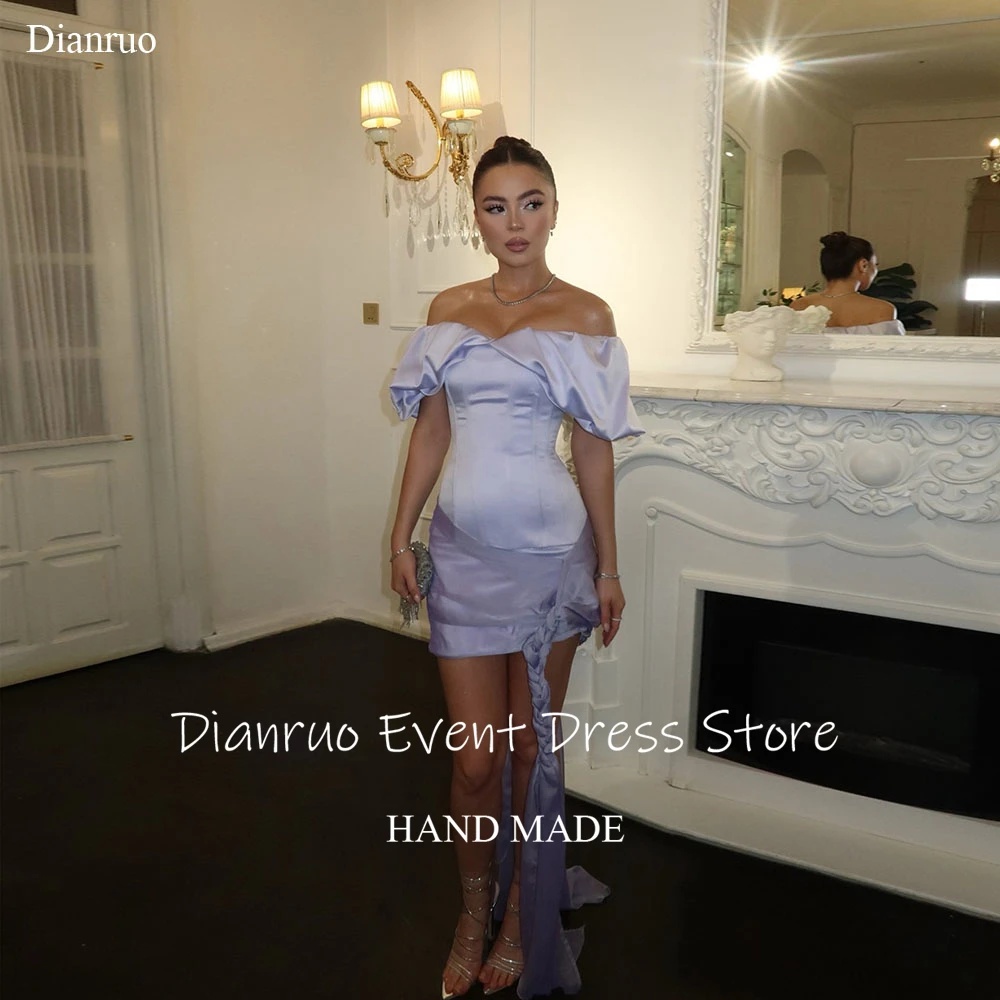 فستان Dianruo بأكمام منتفخة للحفلات الراقصة فستان قصير غير متماثل لحفلات العودة للوطن من الساتان بدون أكتاف فيستدوس دي بودا بارا فييستاس مخصص #1