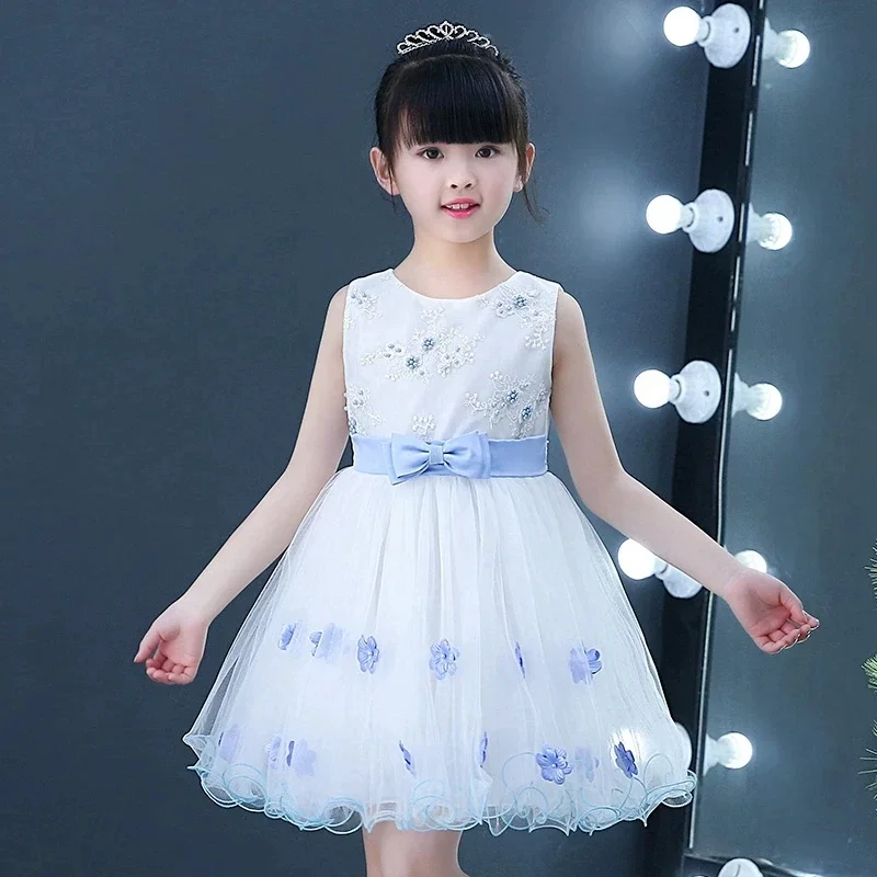 Vestido de Tule Branco Bordado para Meninas com Laço e Cinto, Vestido de Festa para Crianças, Novo Vestido de Dama de Honra Infantil Verão 2026 Y2K