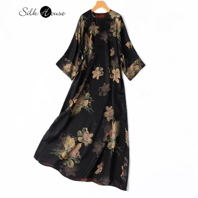 

Artistic Sense Chinese Style Print Breathable 100% Natural Mulberry Silk Fragrant Cloud Yarn Slanted Collar Women's Dress