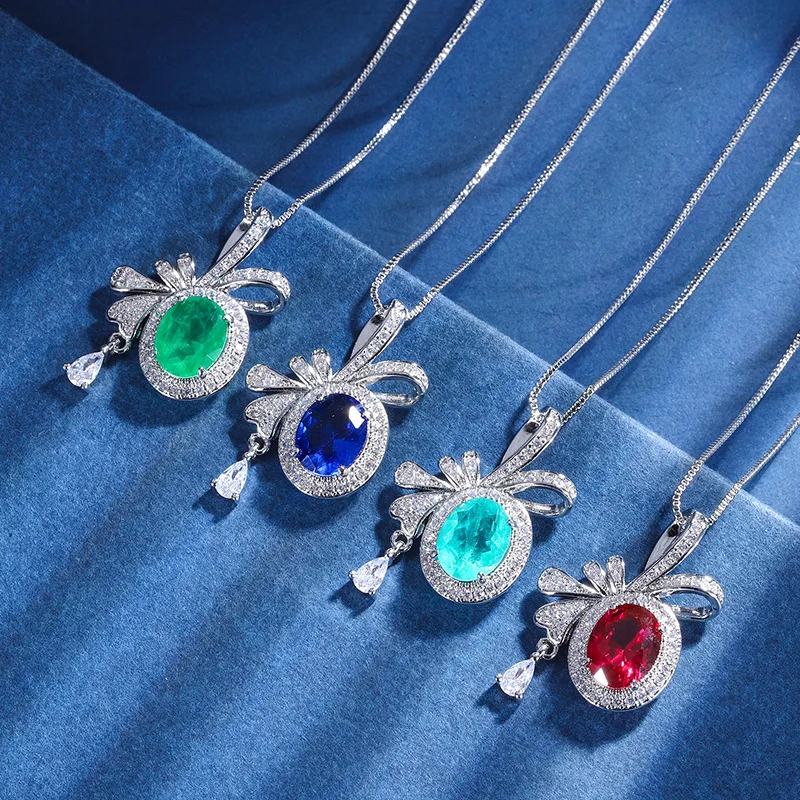 S925 Silver Plated 18K Gold Plated PT950 Platinum Colored Treasure Style Bow Creative Pendant Necklace with Diamond Main Stone