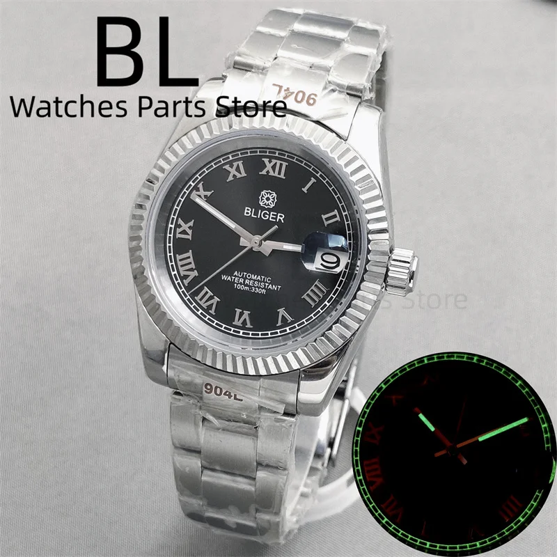 BLIGER 36mm 39mm Sunburst Brown Dial Silver Roman Index Luminous NH35A Automatic Men Watch Stainless Steel Strap Sapphire Glass