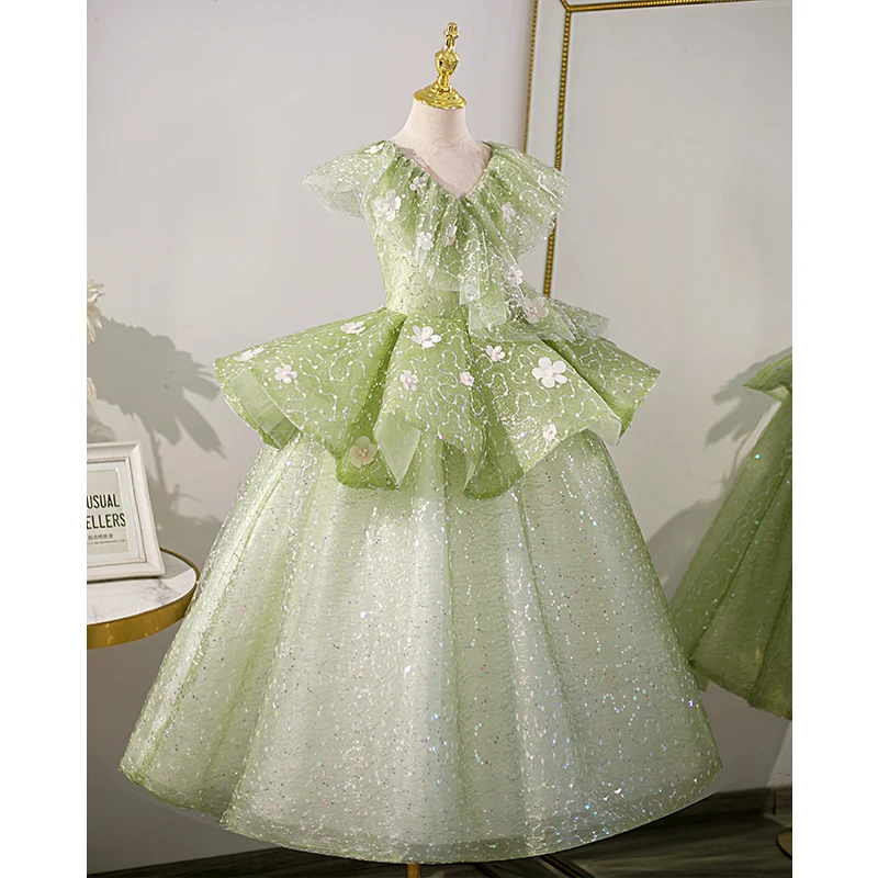 Crianças verde beading apliques tule vestido requintado lantejoulas vestido de festa de casamento sem mangas chiffon vestidos da menina de flor 4-12y