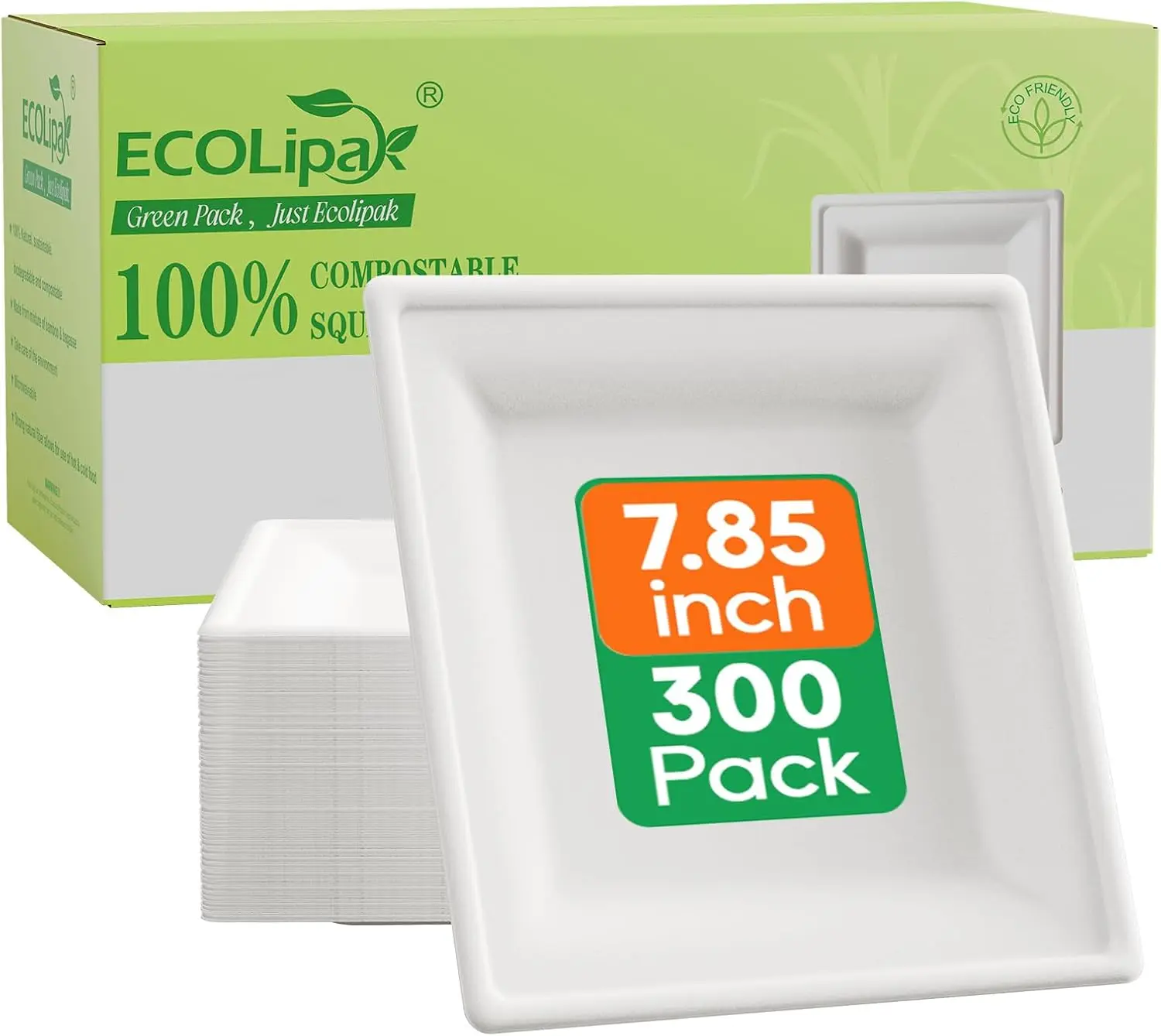 

7.85 Inch Square Paper Plates, 300 Count Heavy Duty Disposable Sugarcane Plates for Party Daily