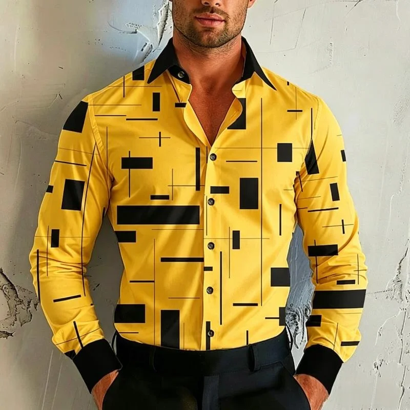 Men's Geometric Print Long Sleeve Dress Shirt Contrast Collar Slim Fit Stretch Business Casual Blouse