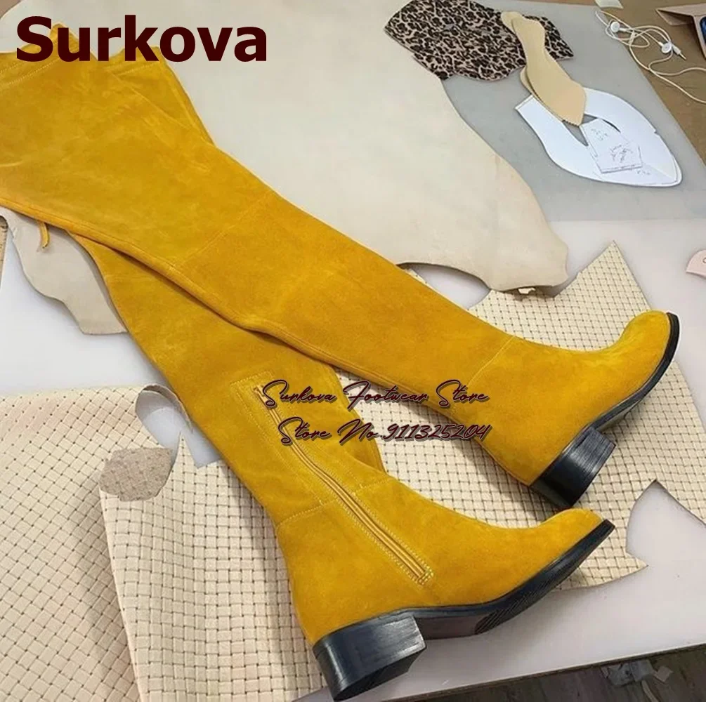 Surkova-Botas por encima de la rodilla de ante amarillo mostaza para mujer, zapatos planos de tacón bajo, hasta el muslo, con cremallera, talla 46