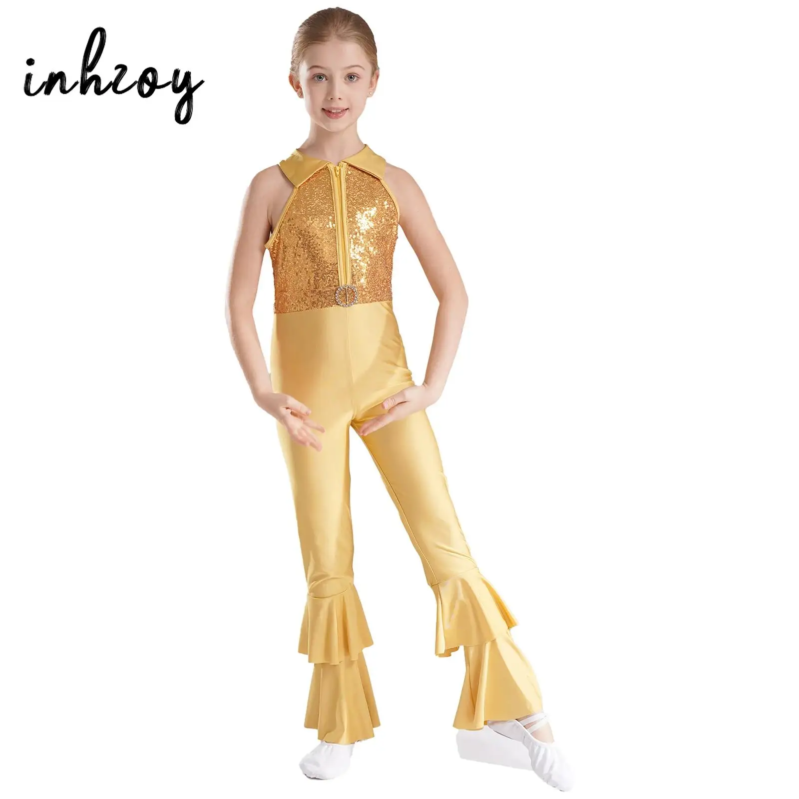 Kids Girls Shiny Sequins Hippie Costume 70s 80s Disco Clothing Bell Bottom Dance Jumpsuit Jazz Latin Stage Performance Dancewear