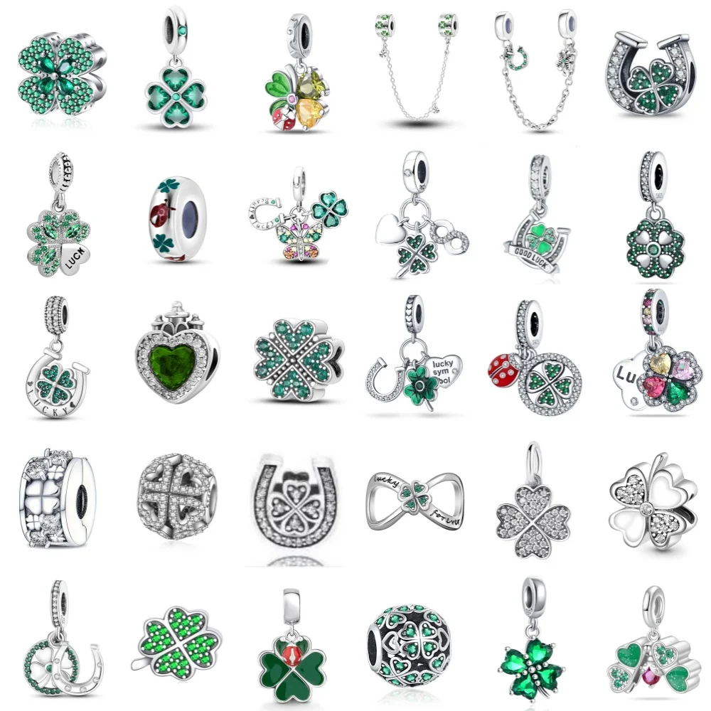 

Hot sales 925 Silver Sparkling Lucky Four-Leaf Clover Charms Green Bead Fit Accessories Original Bracelet DIY Jewelry Women Gift