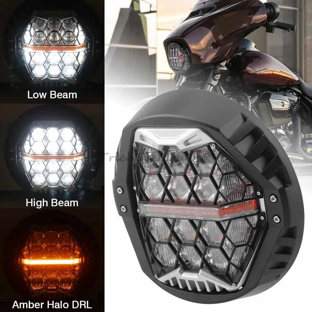 7 Inch LED Headlight Hi/Lo Beam Headlamp Amber DRL Head Light For Harley Touring FLD Road King Street Glide Softail Fat Boy