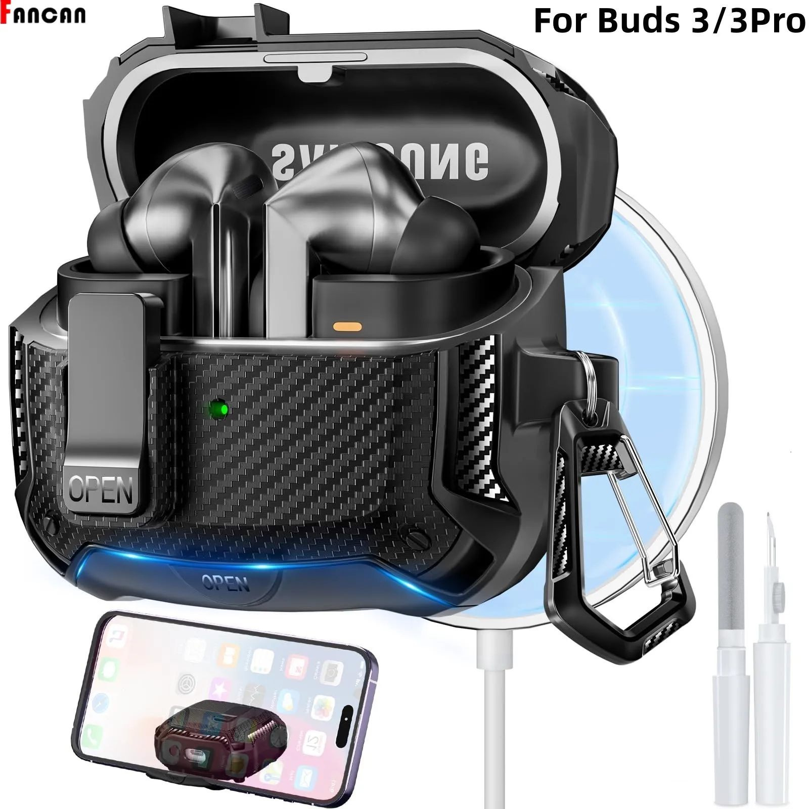 สําหรับ Samsung Galaxy Buds 3 พร้อมขาตั้งโทรศัพท์ Secure Lock คลิปและชุดทําความสะอาดคาร์บอนไฟเบอร์สําหรับ Galaxy Buds 3 Pro