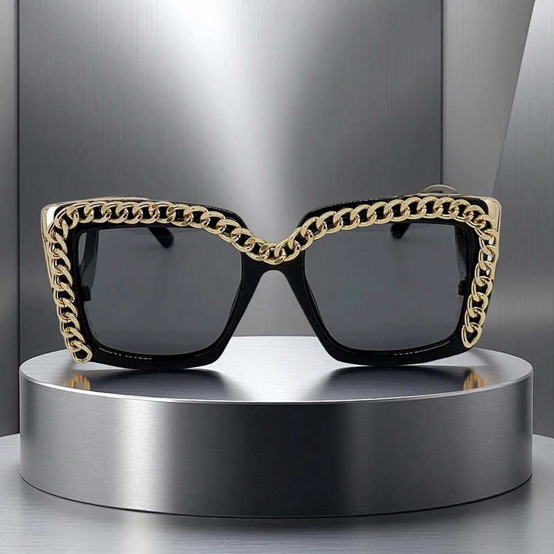 

New Classic Bent Leg Large Square Frame Retro Chain Sunglasses Women Unique Luxury Vintage Oversized Cool Party Cool Sun Glasses