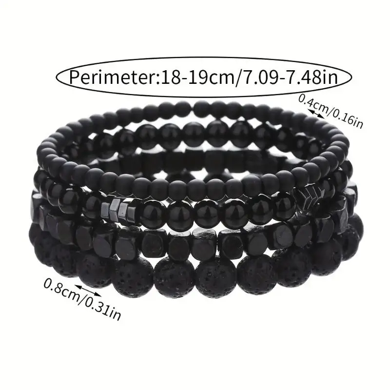 4 Stück schwarze Gallenstein-Vulkanstein-Holzperlen, mehrschichtiges elastisches Kombinationsarmband für Männer, stapelbarer Schmuck für Paare und Freunde, Geschenk. – Detail 6