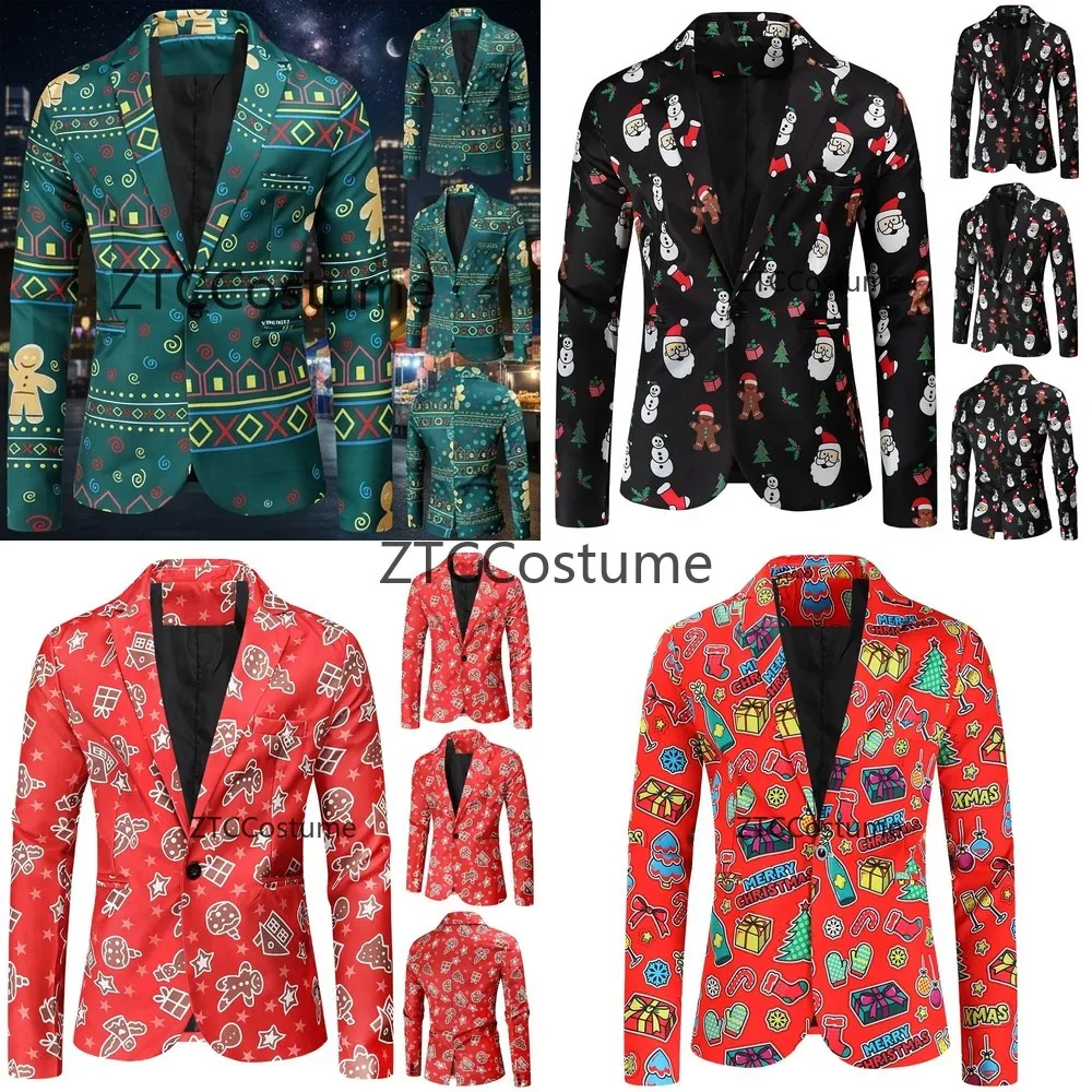 

Christmas Cosplay Blazer Jacket Santa Snowman Gingerbread Man Print Festive Costume Party Themed Mens Suit Jacket