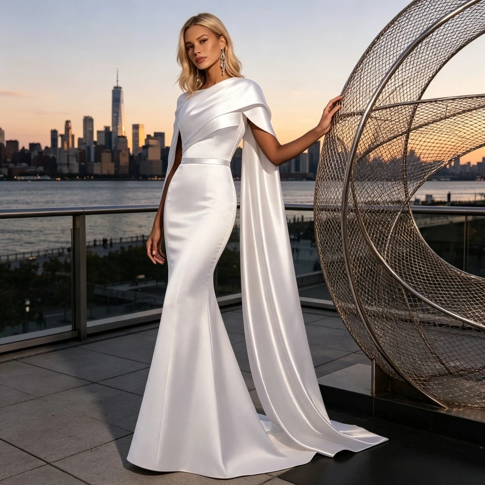 Customized Elegant One Shoulder Satin Mermaid Wedding Dresses 2026 High End Pendant Cloak Collar Folded Bridal Gown Zipper Back