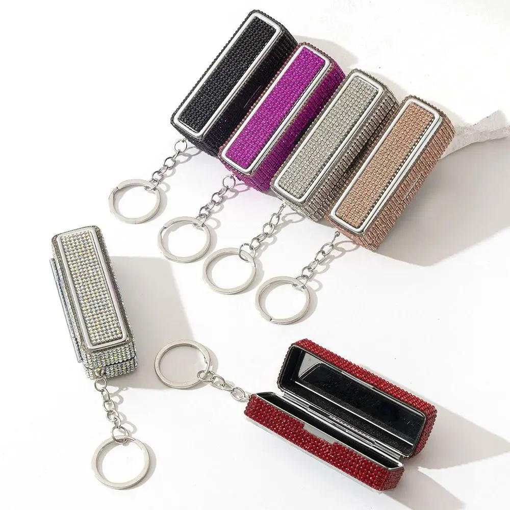 

with Mirror Rhinestone Lipstick Box Bling Keychain Lip Gloss Storage Case lightweight Multi-funcrtional Portable Lipstick Holder
