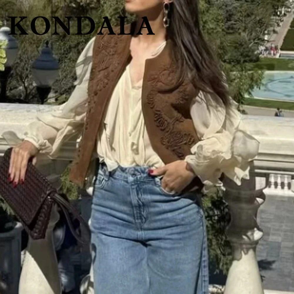 KONDALA Vintage Embroidery Woman Spring Waistcoat Fashion 2025 Spring Streetwear High Street Chic Casual Tank Vest Mujer Outwear