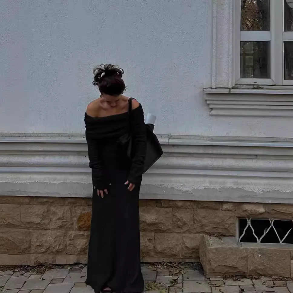 فستان سترة برقبة واحدة من Socialite لعام 2025، طراز طويل مع ملمس راقي، مجموعة حقيبة الخصر والأرداف، تنورة طويلة للنساء