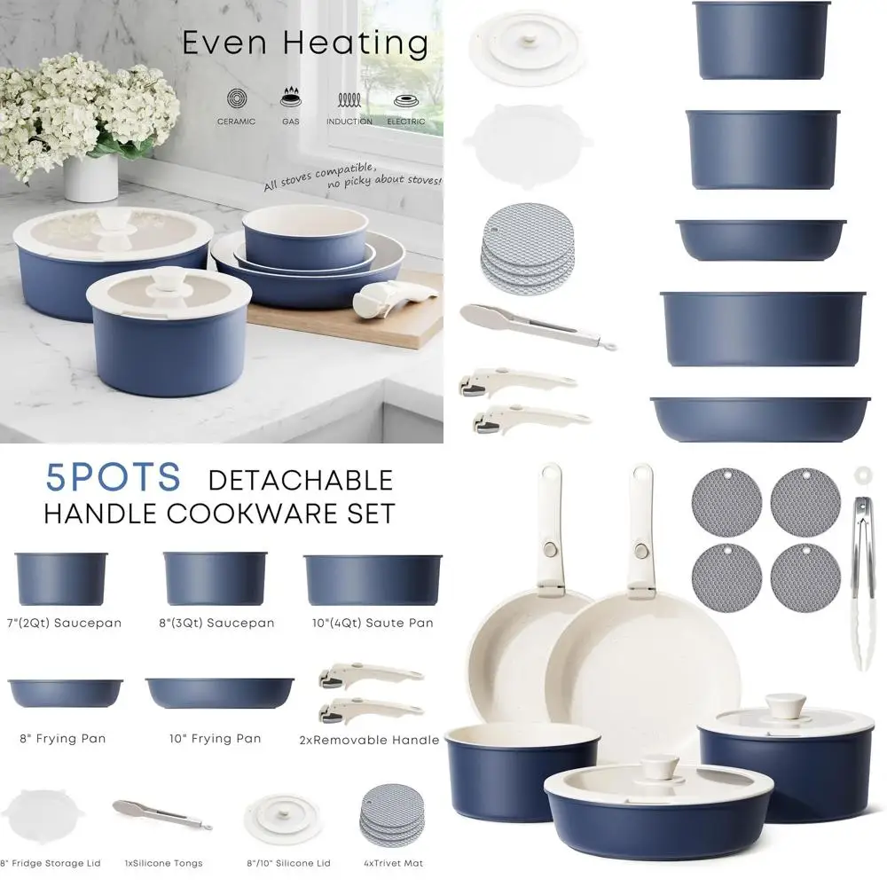 

Stackable Nonstick Induction Cookware Set - 5-Piece with Removable Handles, Dishwasher Safe for RV, Camping, Oven & Stovetop Use