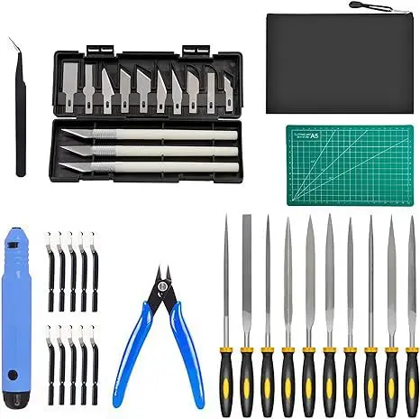 

Including deburring tools, art knife set, cutting pads, storage bags, 38 3D printed accessories, durable