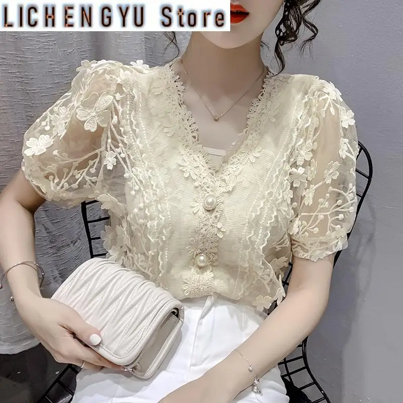 New Lace Tops Pearls V-neck Chiffon Short Sleeve Shirt flower Blouse Printed Floral Transparent Women Sexy Crop Top Blouses