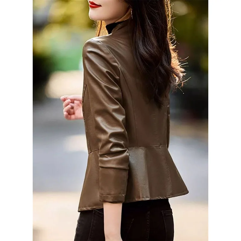 Zaawansowany duży rozmiar 4XL Faux Leather Women Top Autumn PU Leather Ladies Outwear Fashion Leather Female Jacket